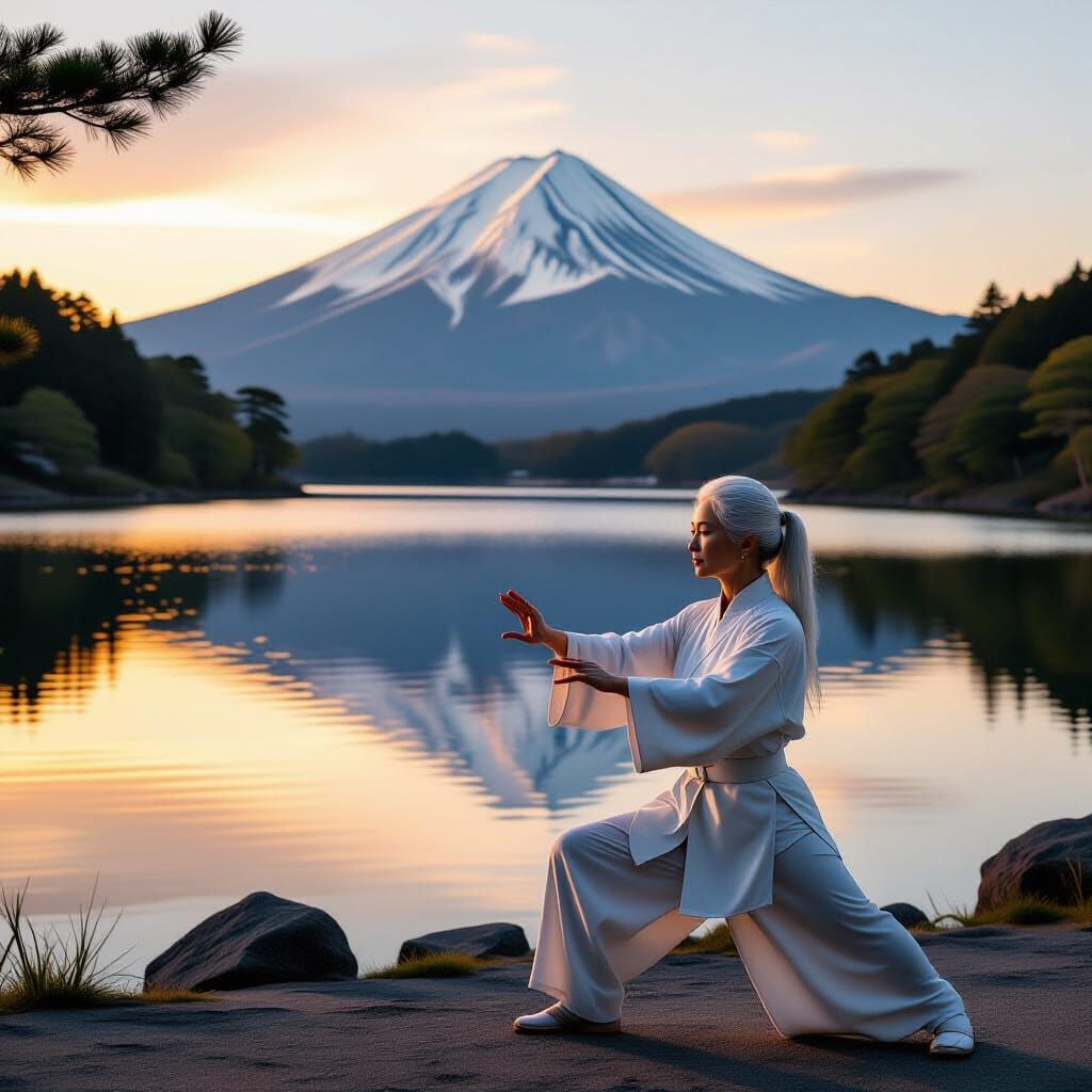 Woman Practicing Tai Chi by Lake at Sunset