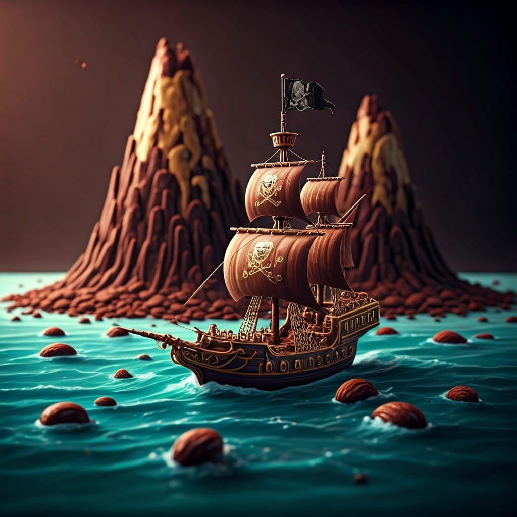 Chocolate Pirate Ship Sails Cookie Sea: Dreamy Illustration