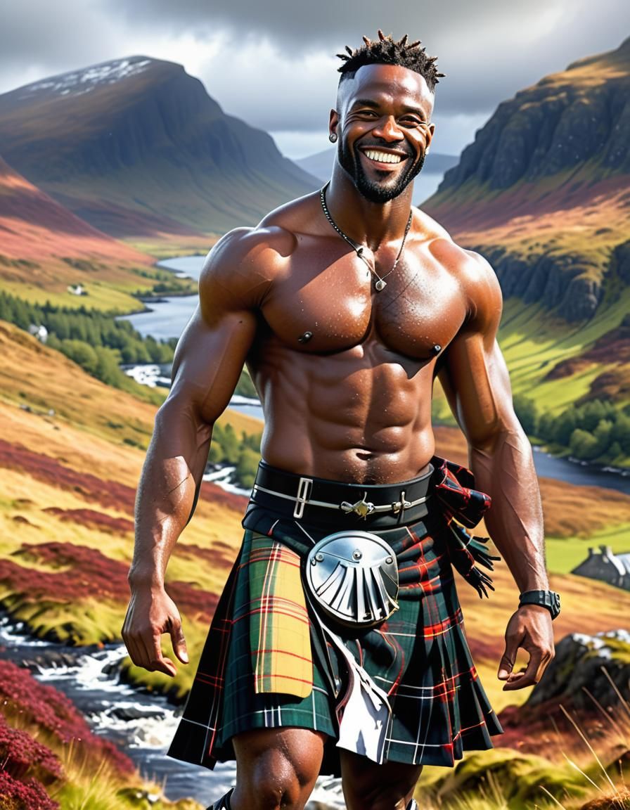 Handsome Man in Kilt, Scottish Highlands, Hyperrealistic Art