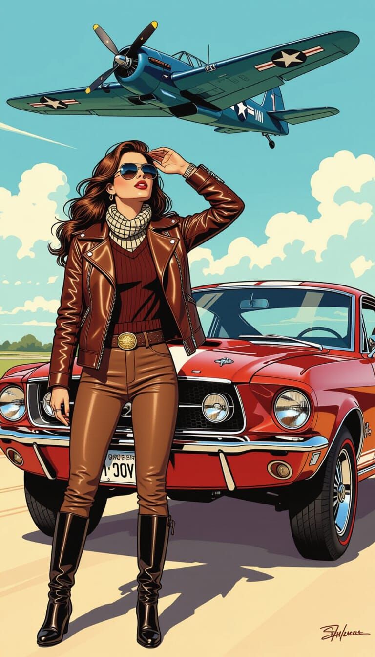 Brunette Pilot Waving at Corsair in Comic Art Style