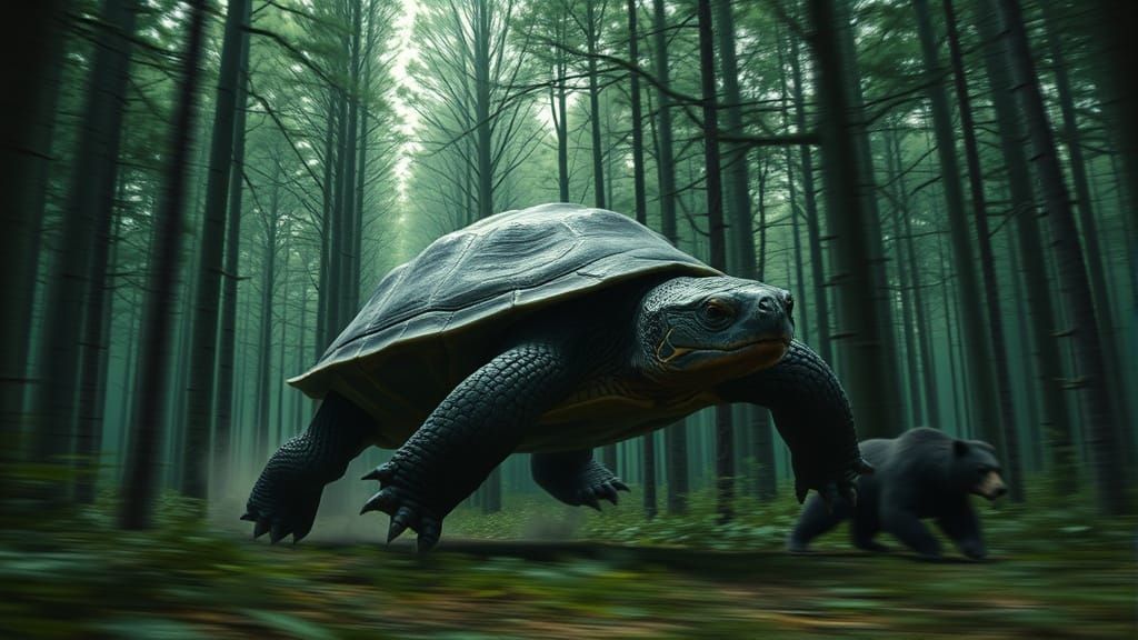 Giant Turtle Chases Bear in Dark Forest