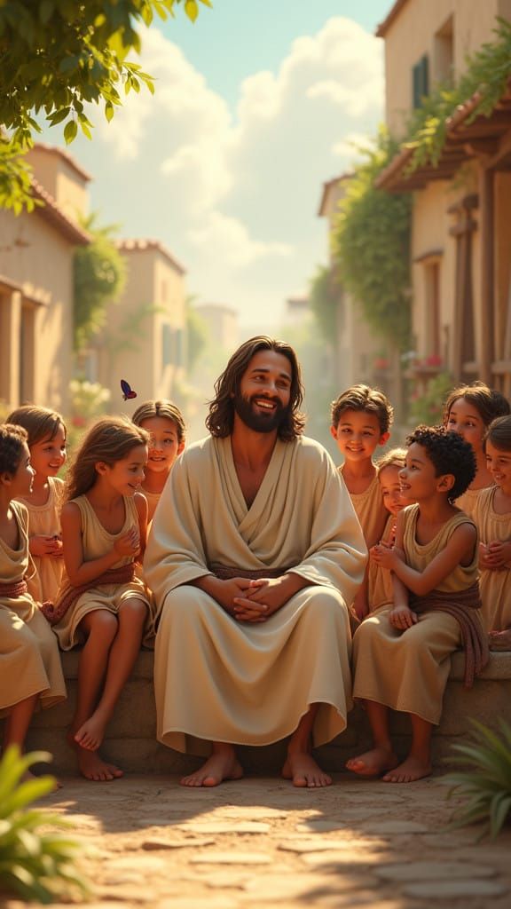 Jesus Surrounded by Joyful Children in a Mediterranean Villa...