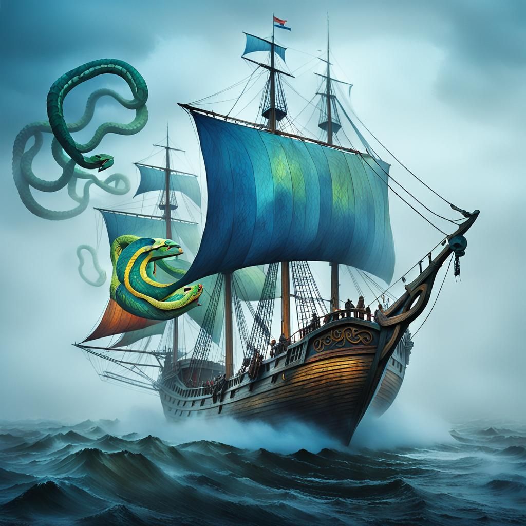 Flying Dutchman Sails Through Sea Fog in Fauvist Style