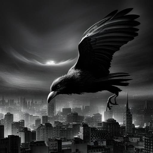 Horror Raven Flying Over Dark City, Doré Style