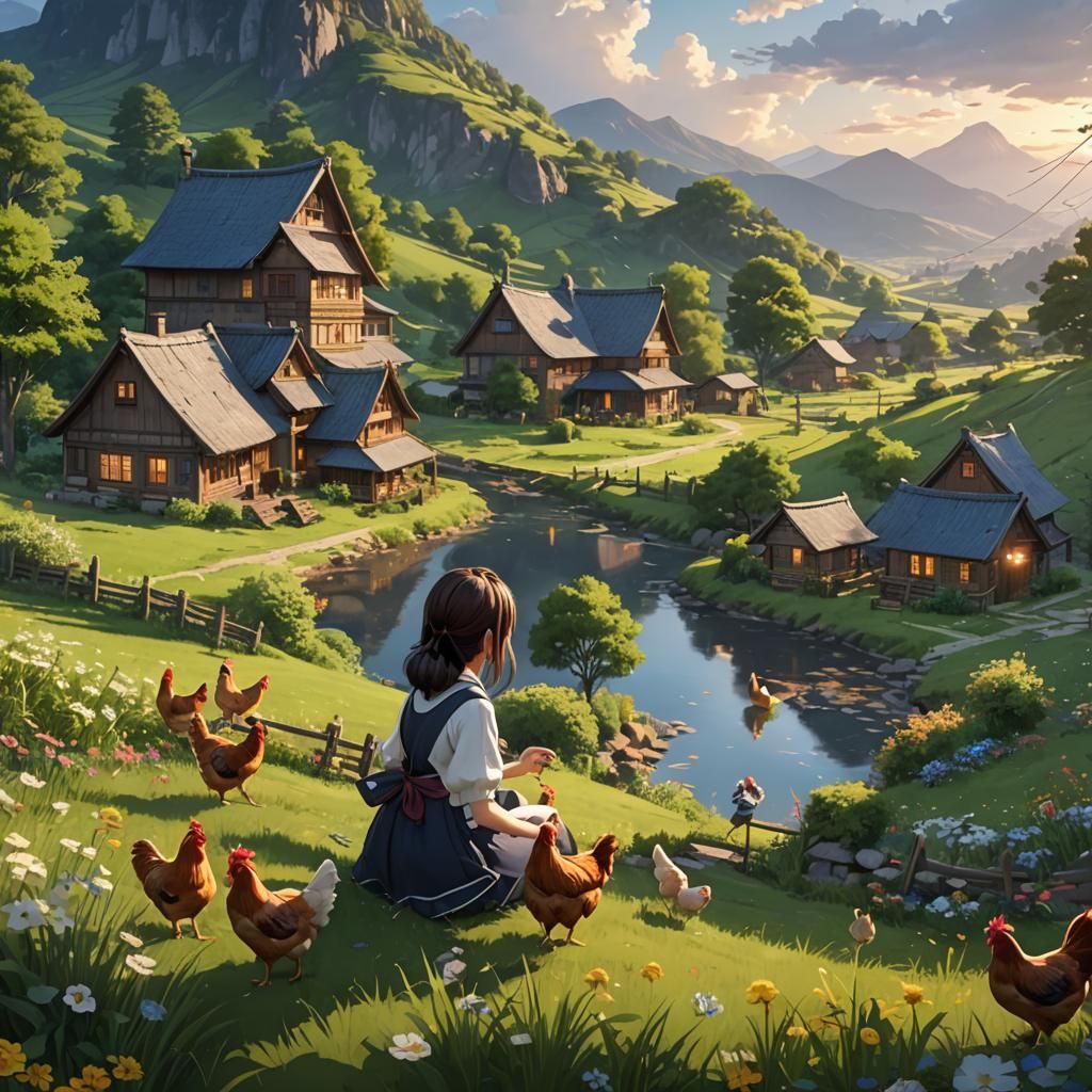 Anime Girls in Cottagecore River Valley Scene