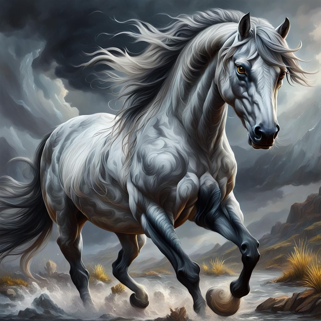 Marbled-Gray Stallion: Detailed Oil Painting