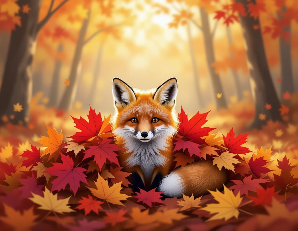 Adorable Fox Cub Peeking from Autumn Leaves