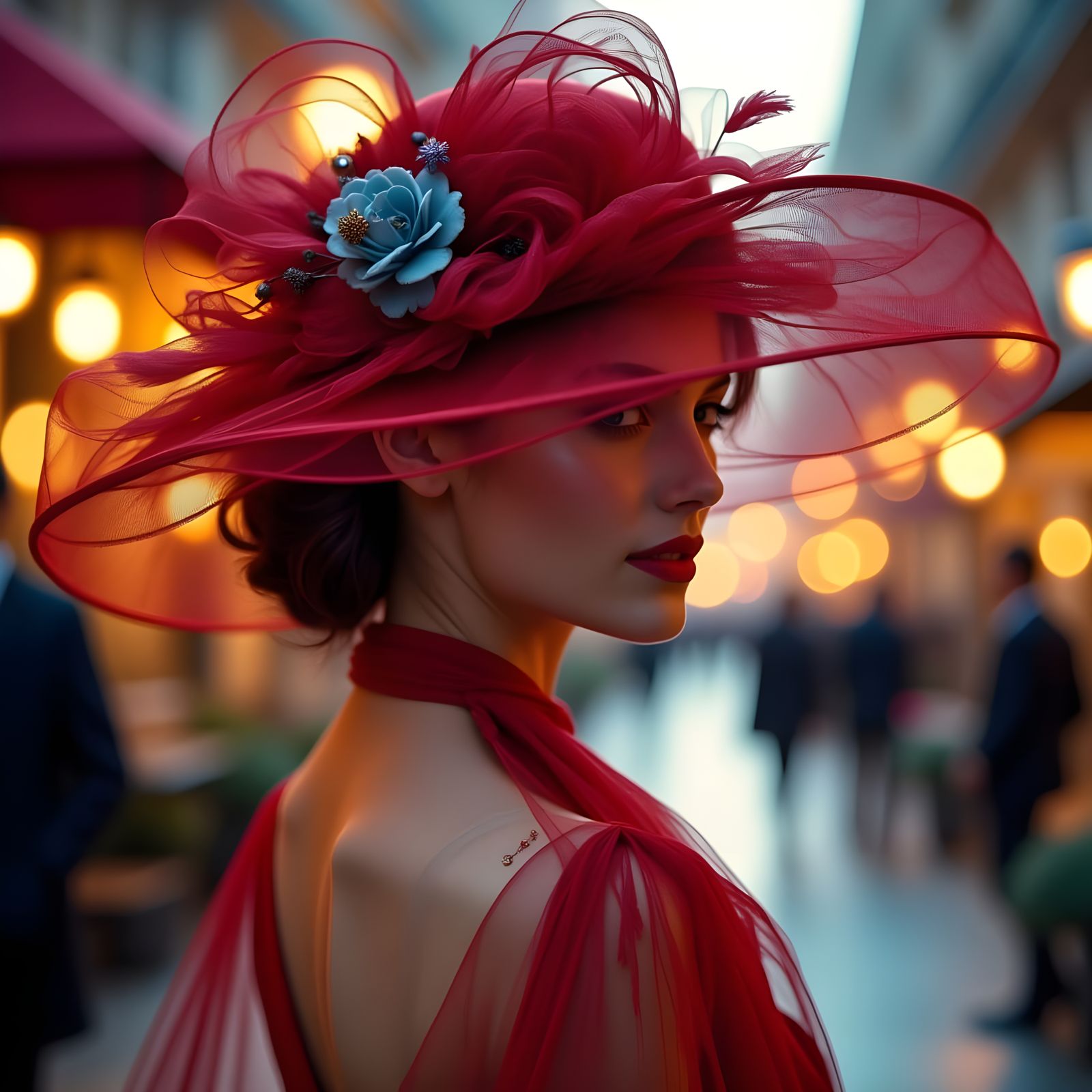 Paris Fashionista in Detailed Red and Blue Hat