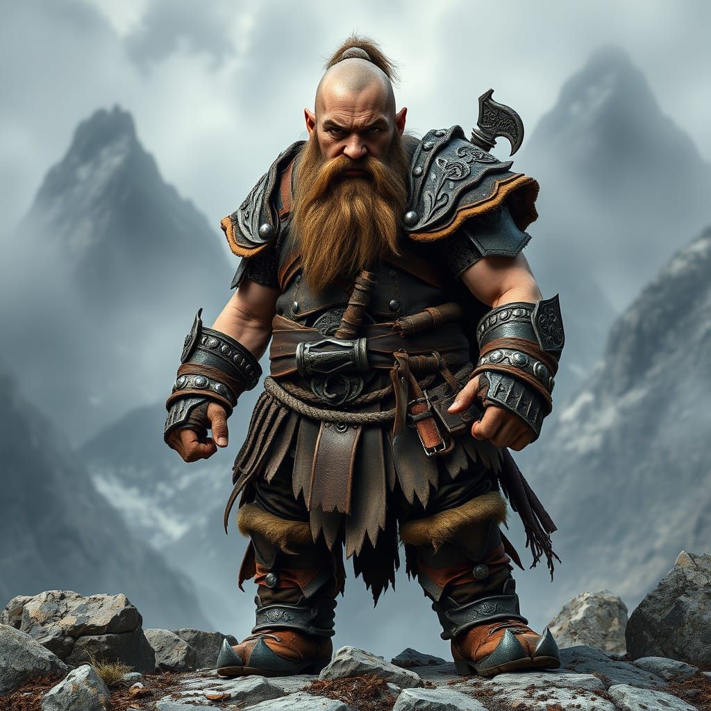 Dwarf Warrior in Celtic-Inspired Barbarian Armor Stands Defi...