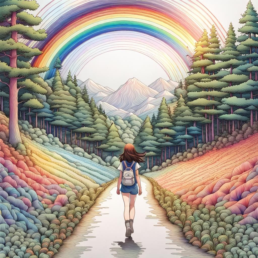 Manga Girl in Forest Valley with Detailed Ink Lines