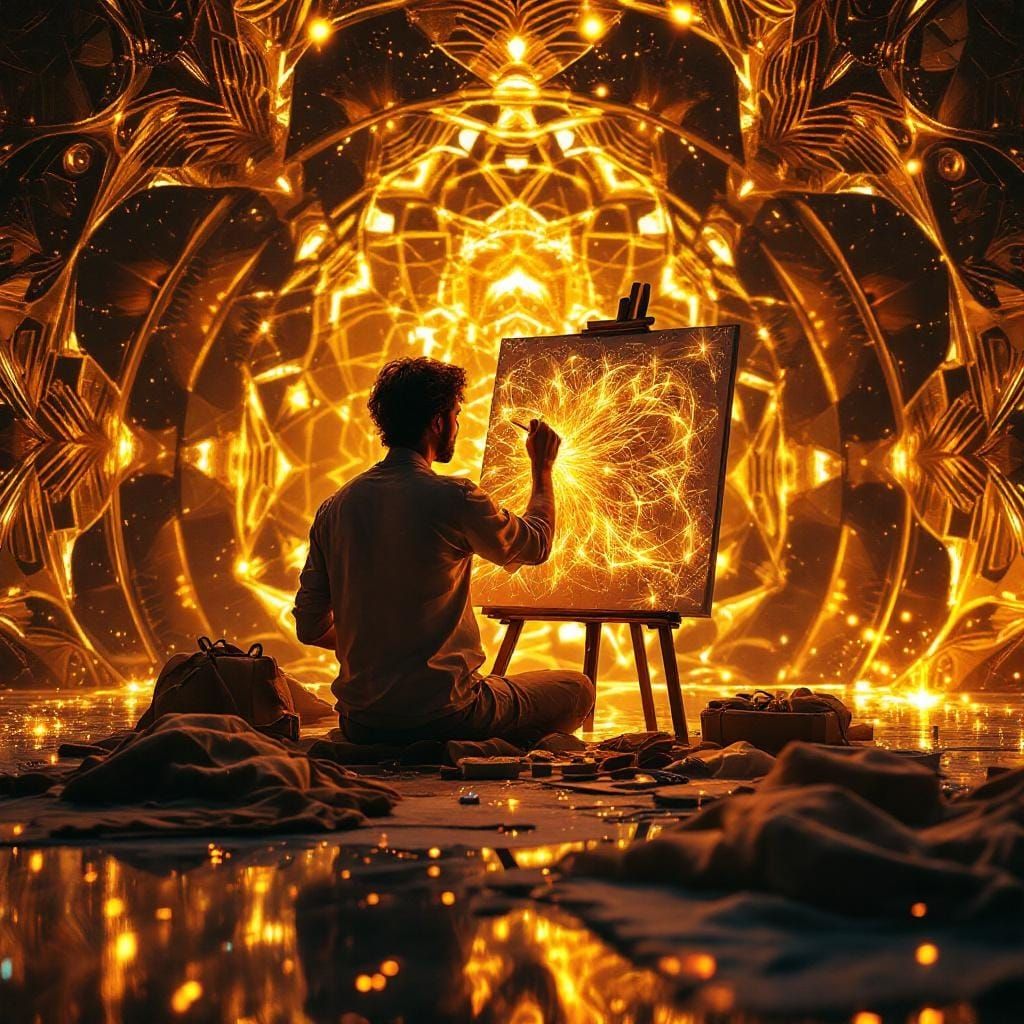 Artist Painting with Magical Brushstrokes in Digital Art Sty...