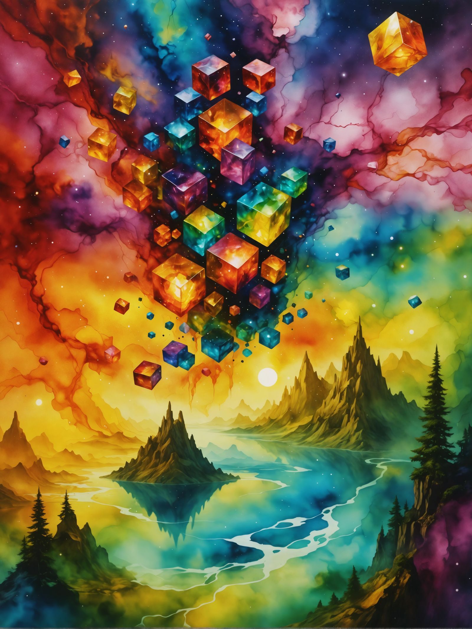 Fantasy Cubes Journey Through Surreal Alcohol-Ink Space
