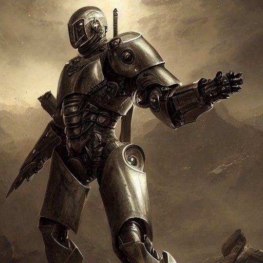 Futuristic Cyborg Knight with Halberd in Space