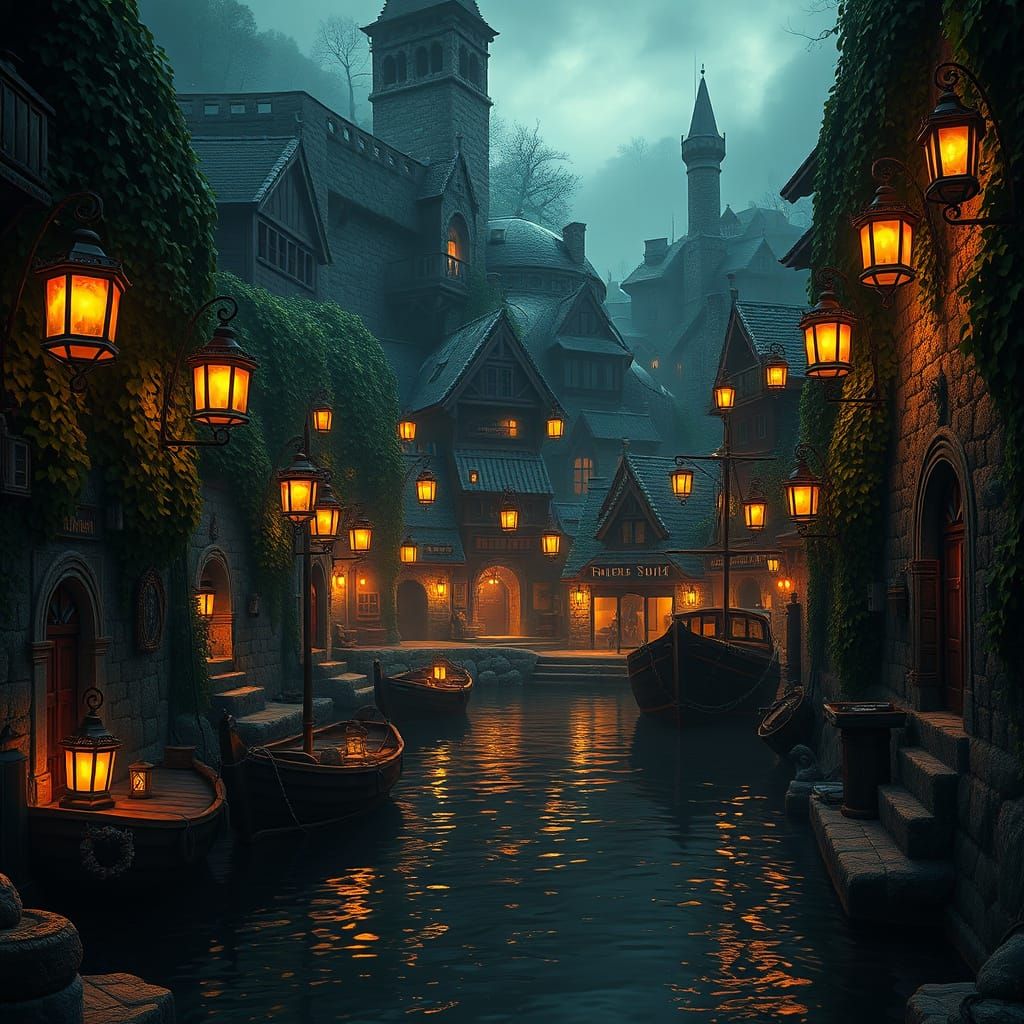 Atmospheric Harbor Framed by Lanterns and Ivy Walls