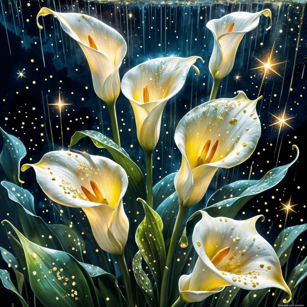 Surreal Calla Lilies in a Celestial Glitter Explosion
