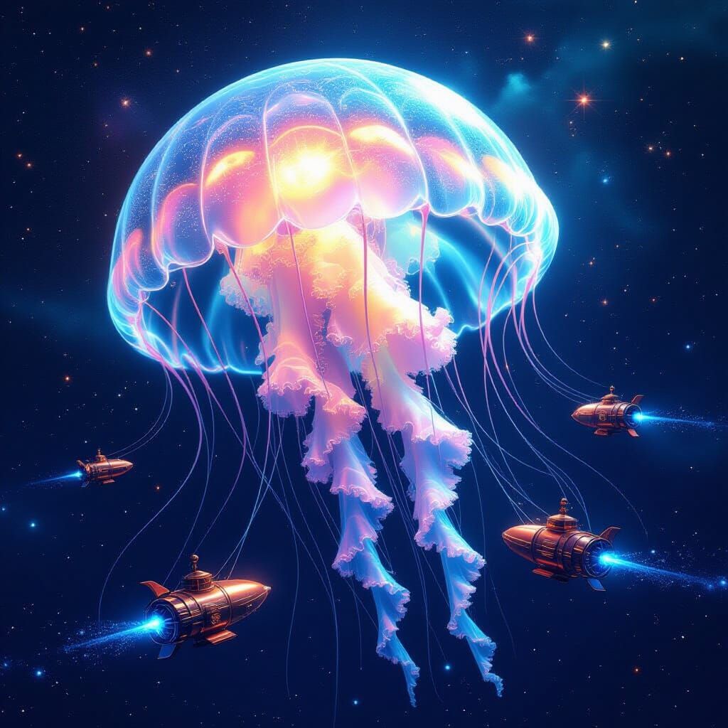 Bioluminescent Jellyfish Drifting Through Nebula in 3D Style