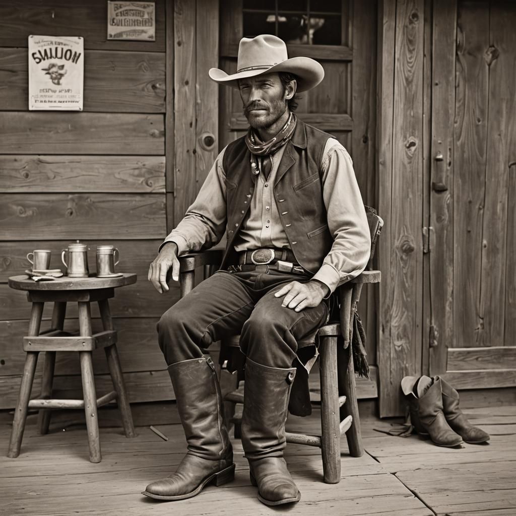 Cowboy Outside Old West Saloon in Hyperrealistic Style