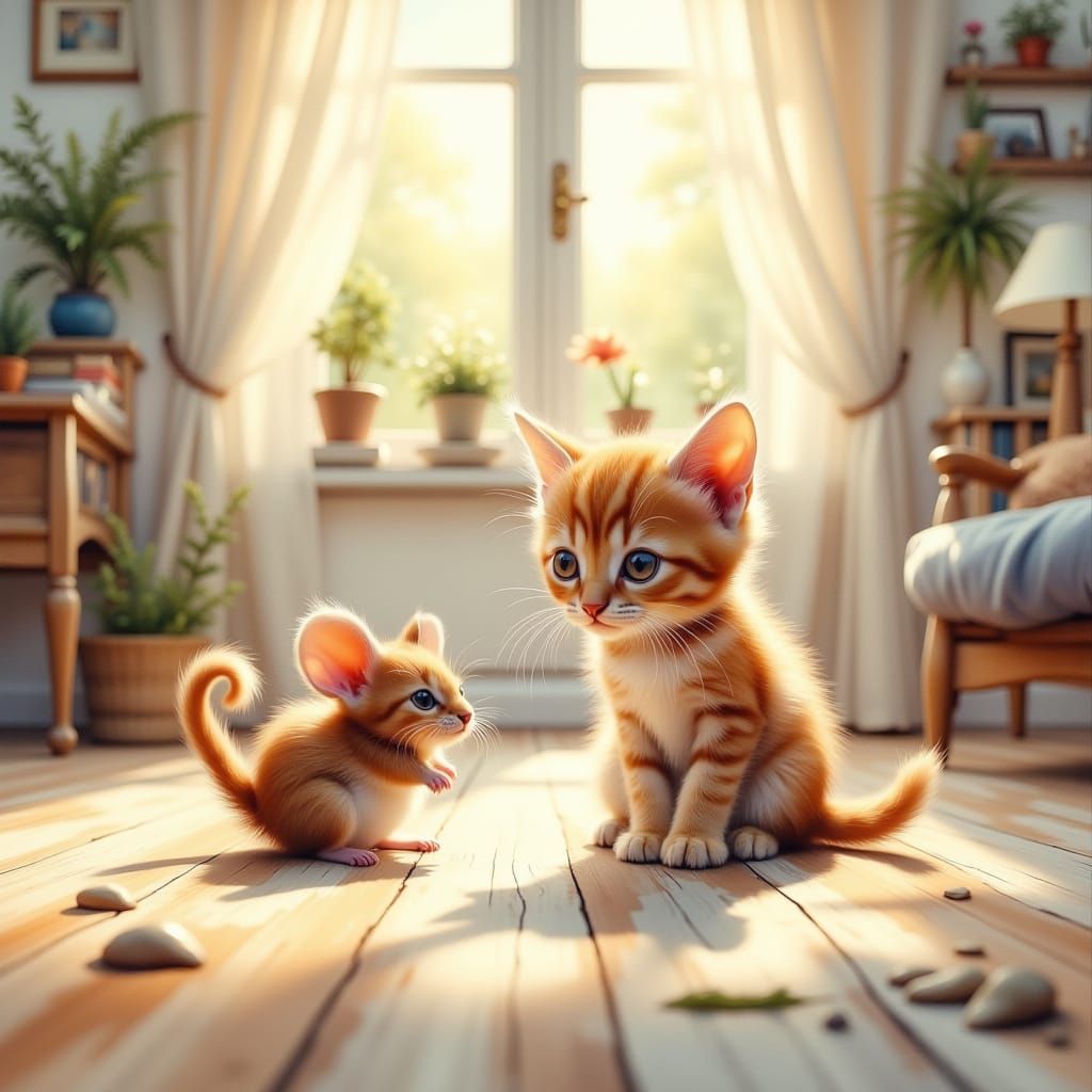 Curious Kitten Ready to Pounce, in Watercolor Style