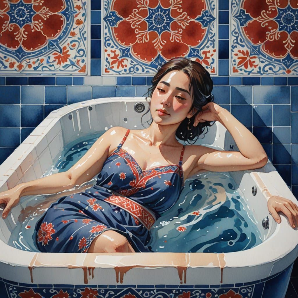 Dreamy Watercolor Bath Scene in Anime Style