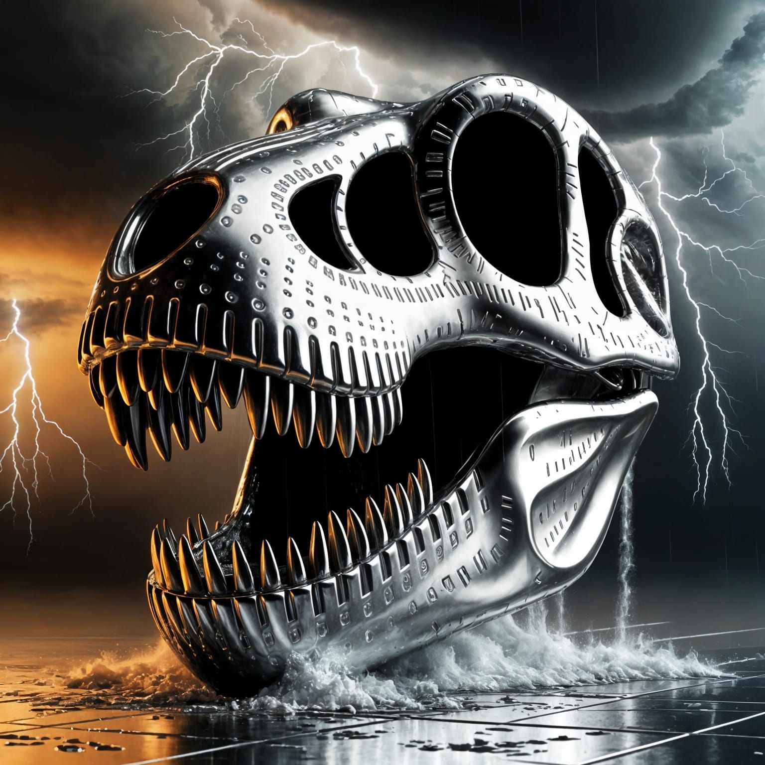 Glossy Chrome T Rex Skull in Stormy Skies