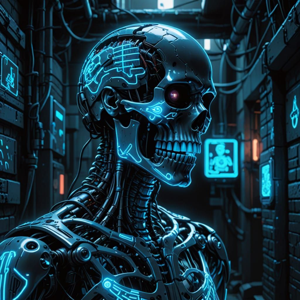 Cyberpunk Cyborg Skeleton with Glowing Blue Circuits
