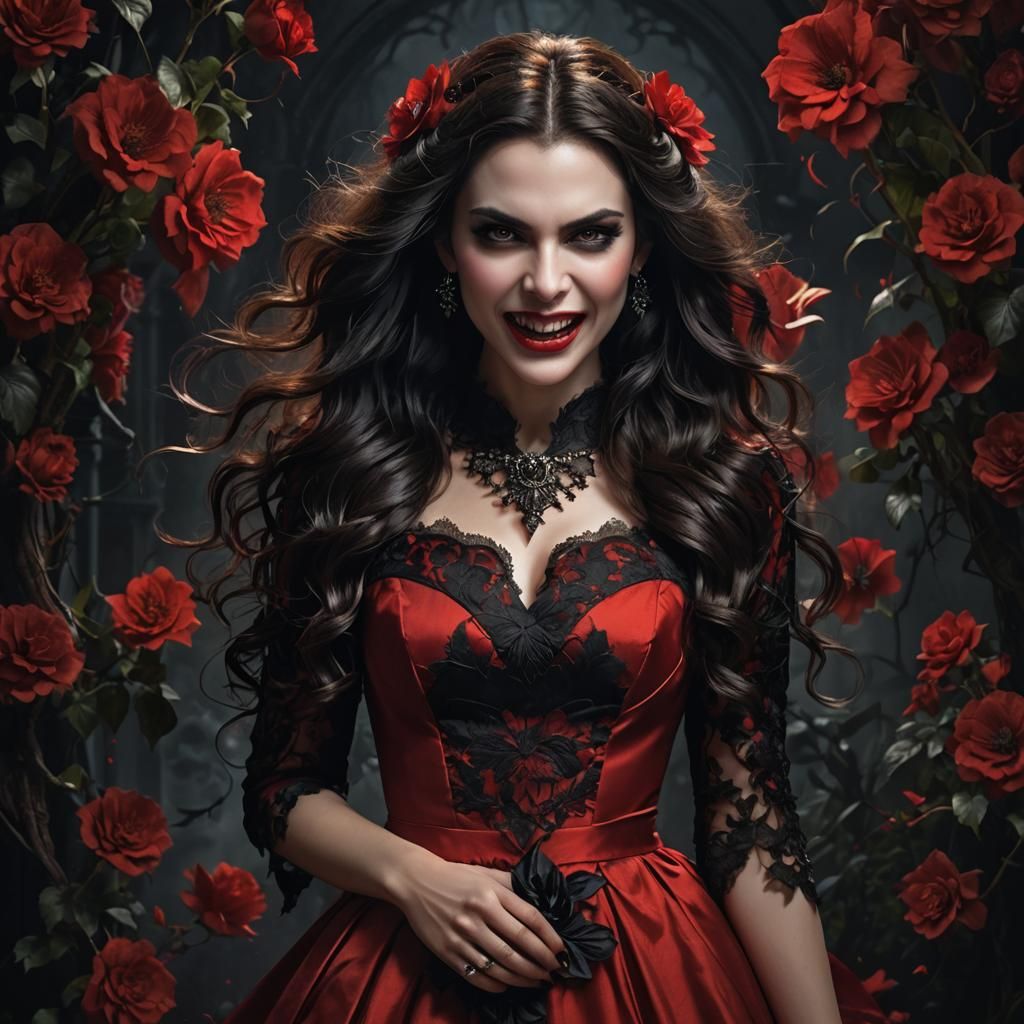 Vampire Portrait: Hyperrealistic Matte Painting in Red Dress