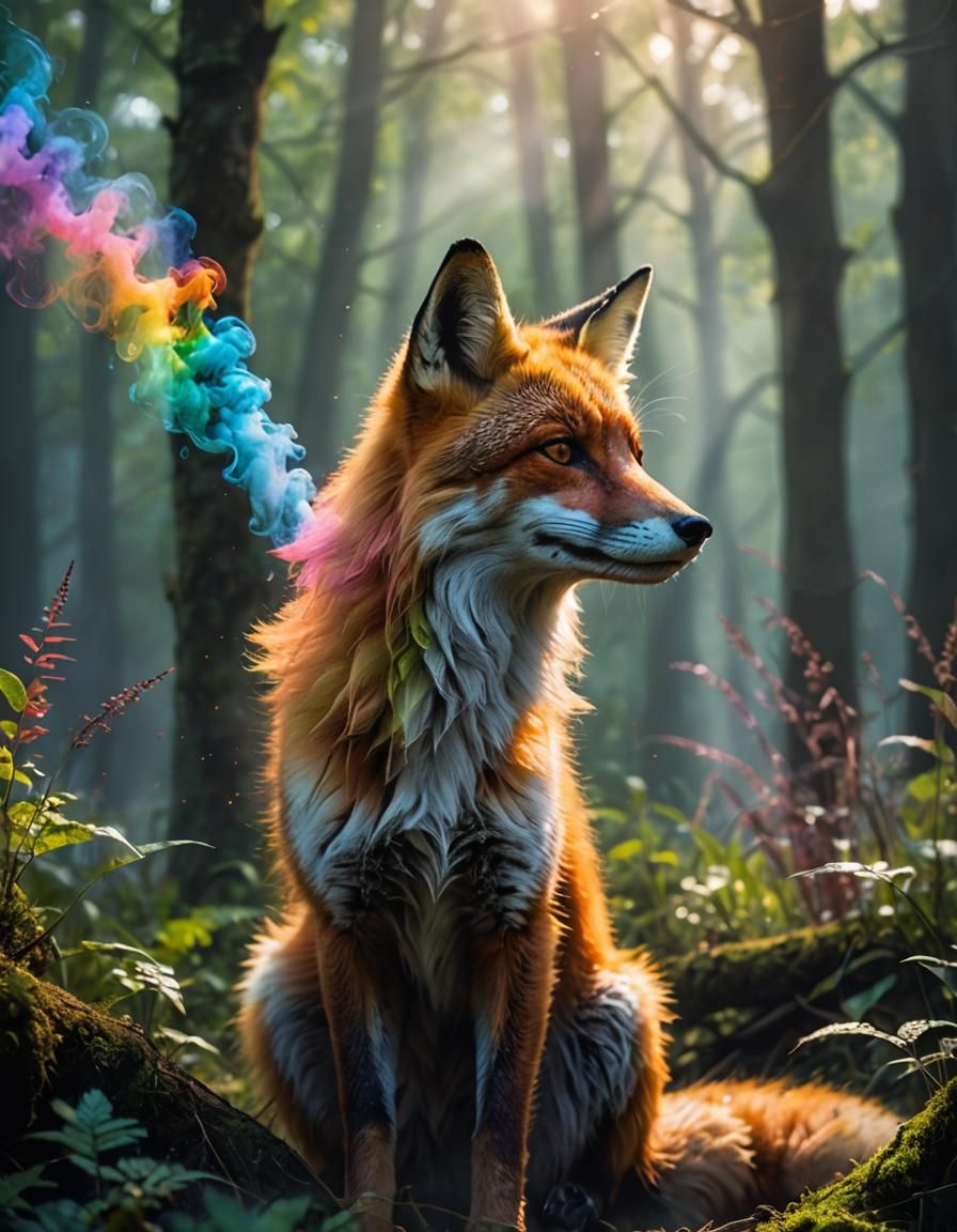 Rainbow Smoke Fox in Dreamy Forest, Impressionistic Style