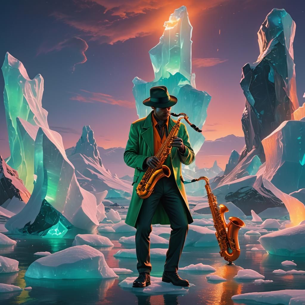 Arctic Twilight Saxophonist in Neon Cyberpunk Style