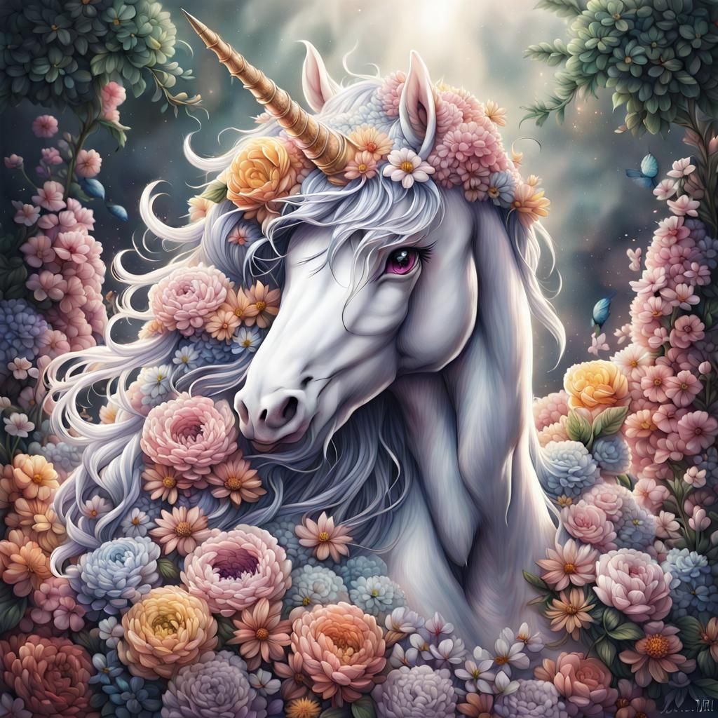 Floral Unicorn in Anime Style, Hyperrealistic Image