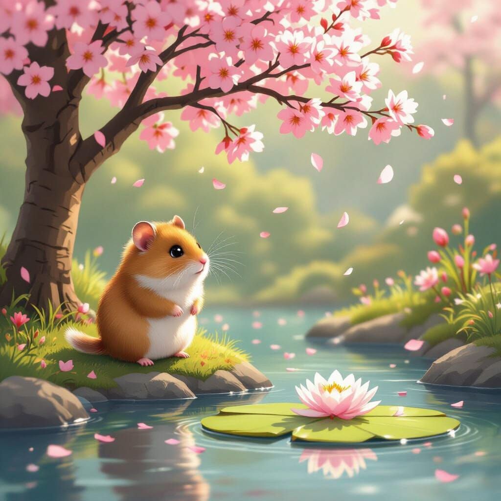 Cute Hamster by Cherry Blossom Tree and Lily Pond