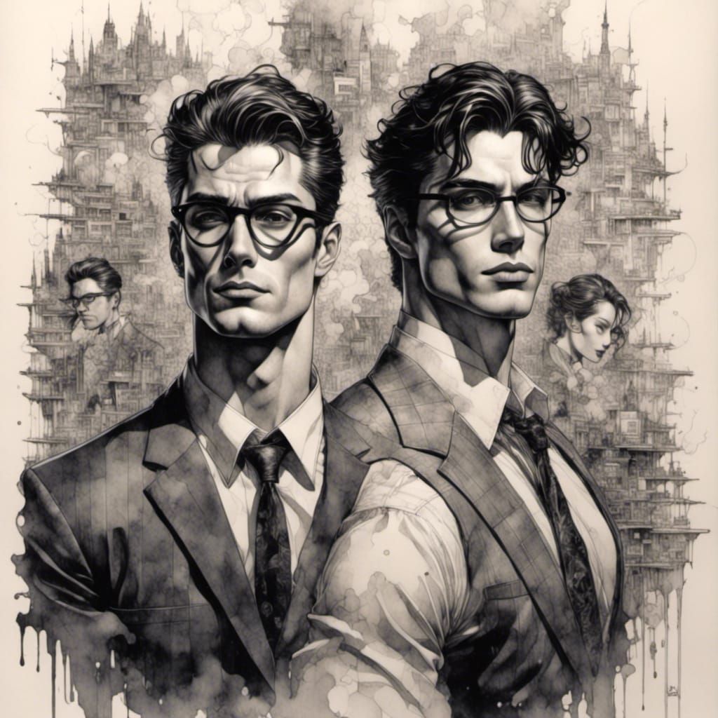 Superman and Clark Kent in Watercolor Comic Style