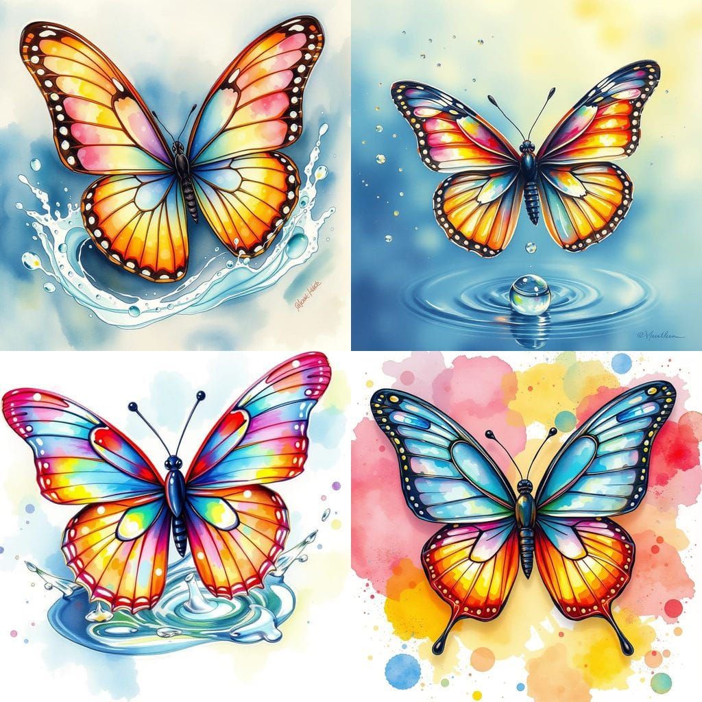Iridescent Butterfly on Water Splash in Pointillist Style