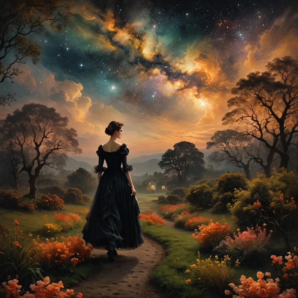Elegant Lady in Garden at Night in Nebulae Style
