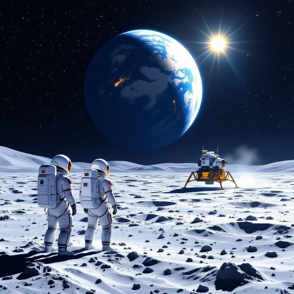 Astronauts on Moon View Earth, Spacecraft Landing