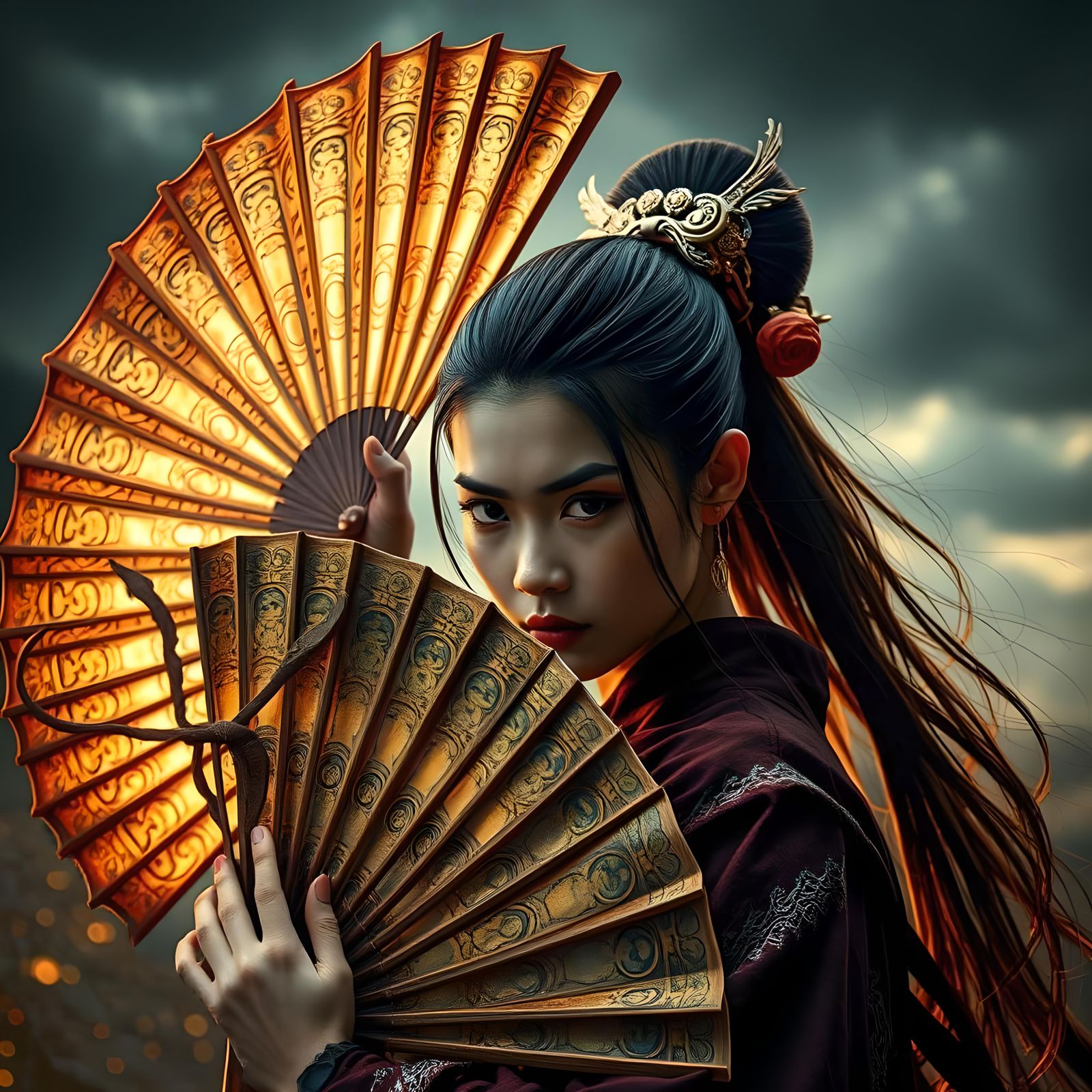 Temari with Magic Fan in Hyperrealistic Style