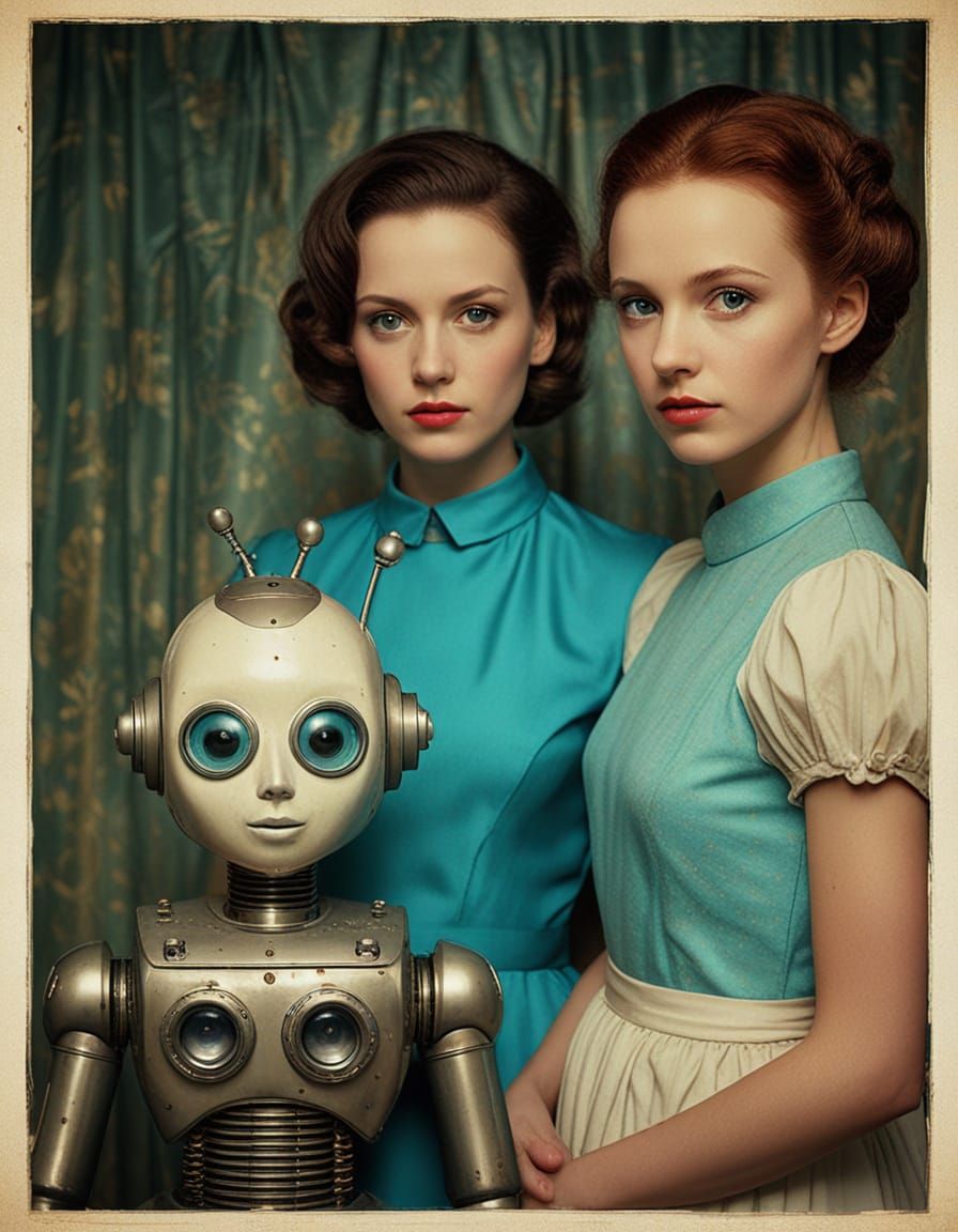 Retrofuturistic Sisters and Robot Portrait