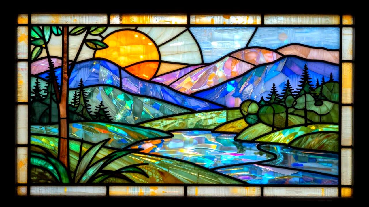 Luminous Holographic Landscape in Stained Glass Style