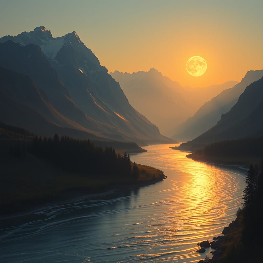 Mountain Moonset with Golden Glow on Serene River Waters