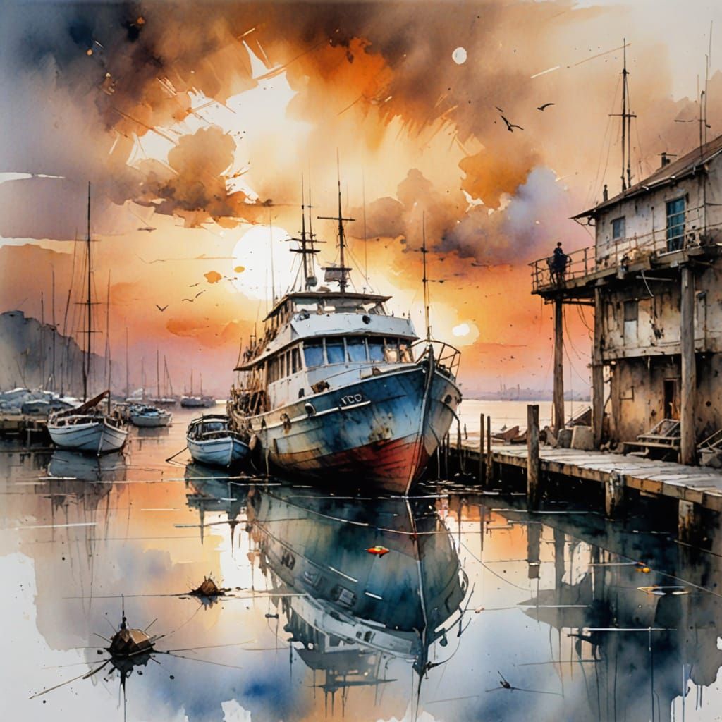 Sunset Dock: Expressive Watercolour Painting
