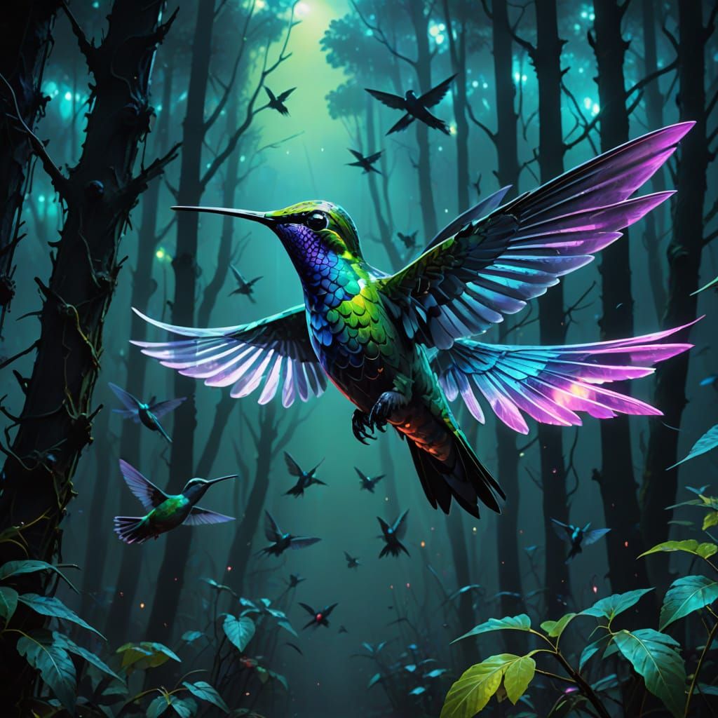 Vibrant Iridescent Hummingbird in a Neon-Lit Zombie Apocalyp...