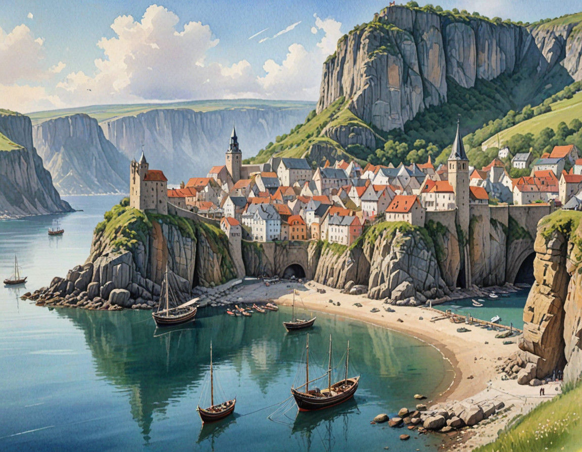 Medieval City Perched on a Cliffside Harbor