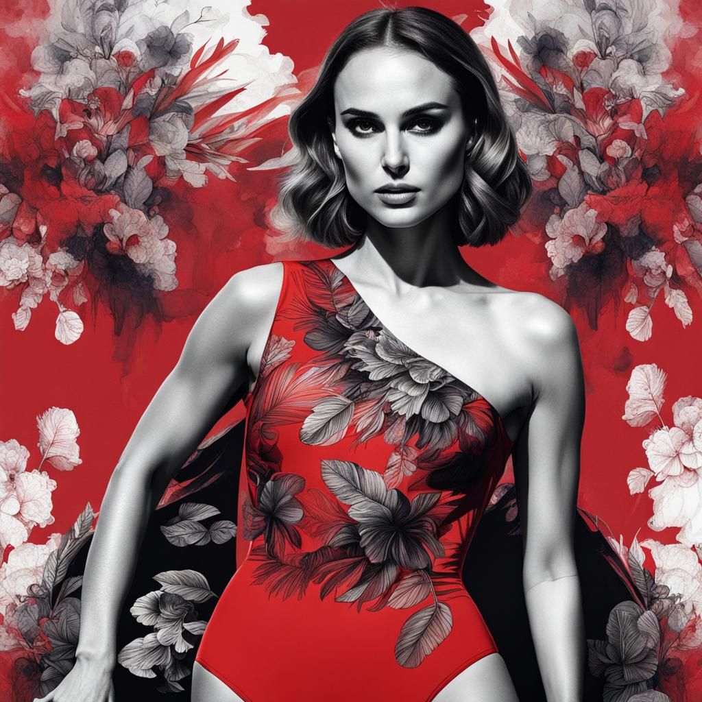 Natalie Portman in Red Swimsuit: Ink Painting