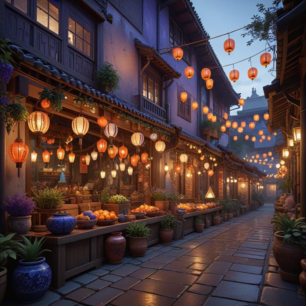 Vibrant Night Market Alley in Oriental Style