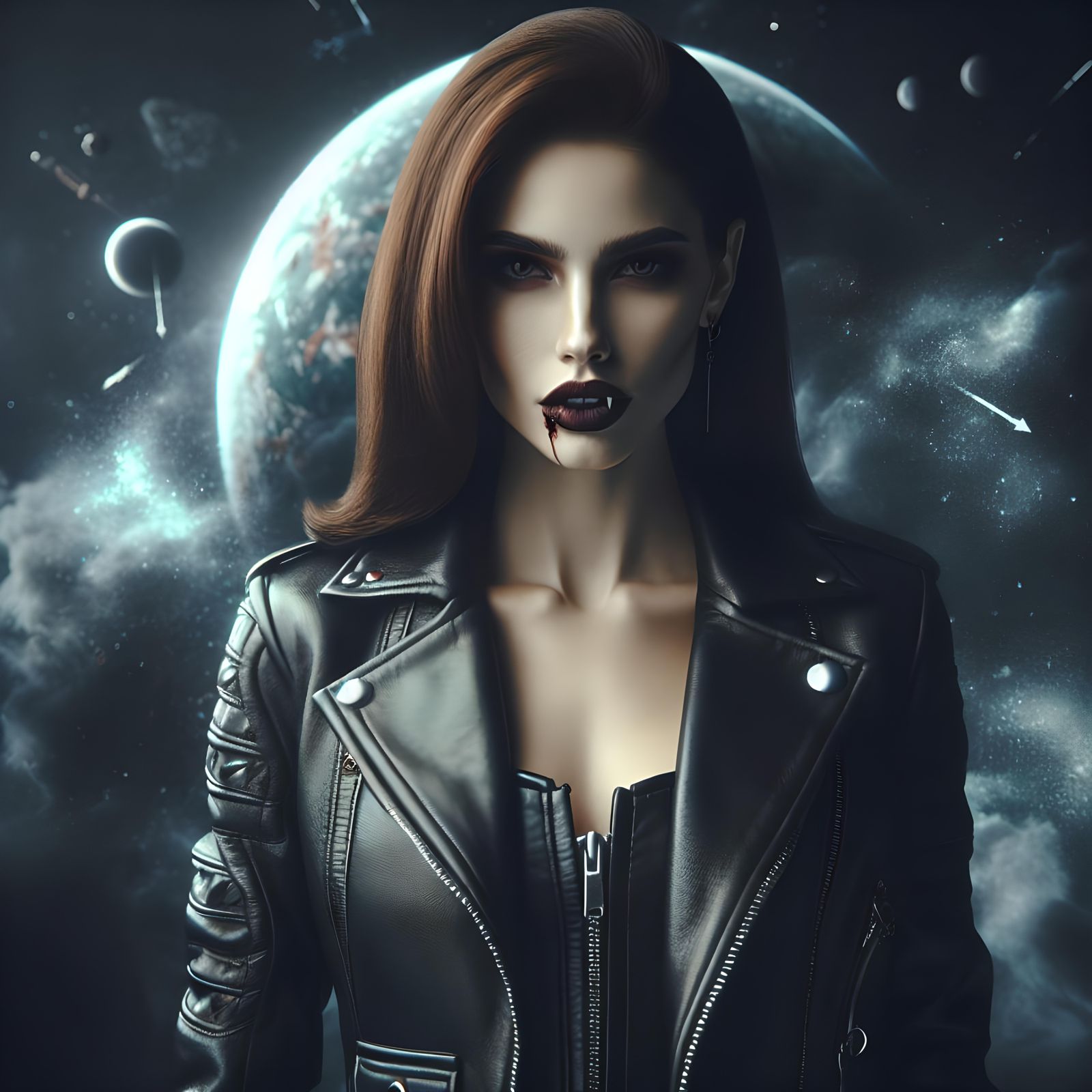 Hyperrealistic HDR Vampire Woman in Leather Jacket