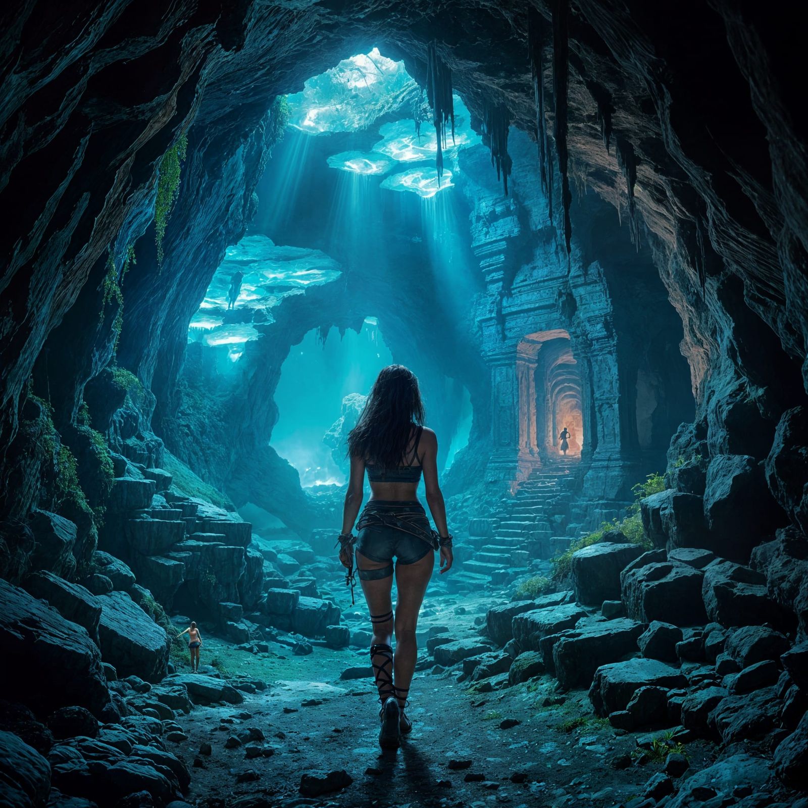 Adventurer Explores Bioluminescent Cavern with Ancient Ruins