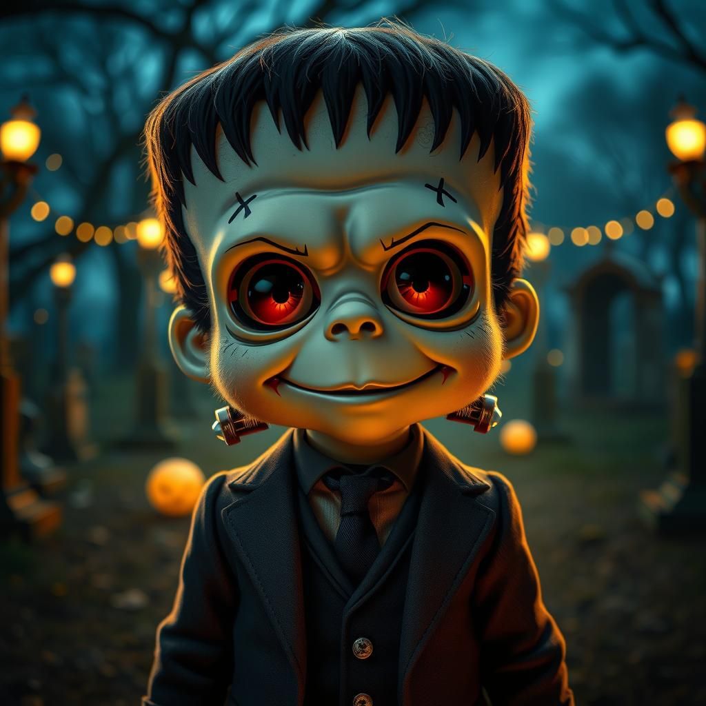 view of a cute mini frankenstein, cute, cute, fluffy, cute e...