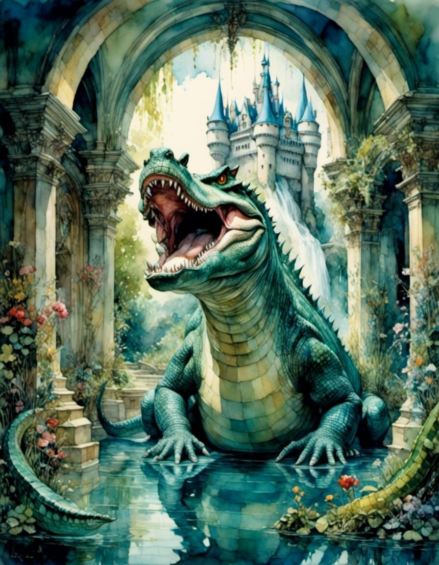 Large water monster, huge mouth, crocodile tail