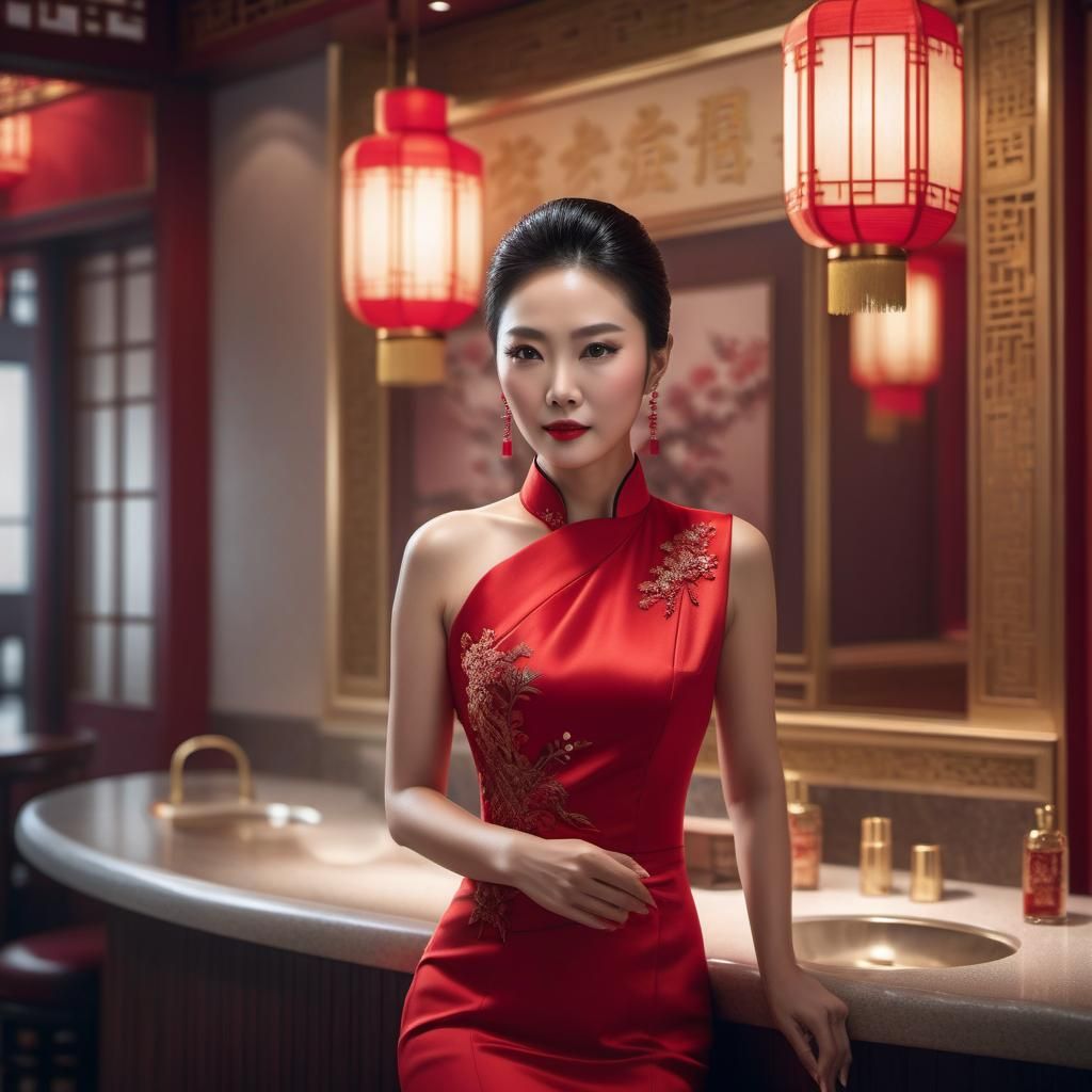 Elegant Chinese Woman in Restaurant Restroom
