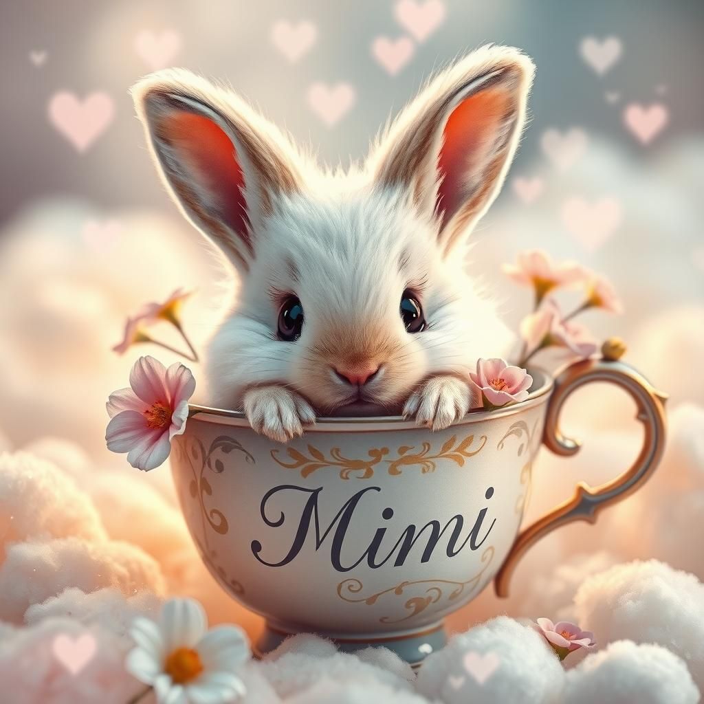 Fluffy Rabbit in Cup: 3D Rendered Watercolor Illustration