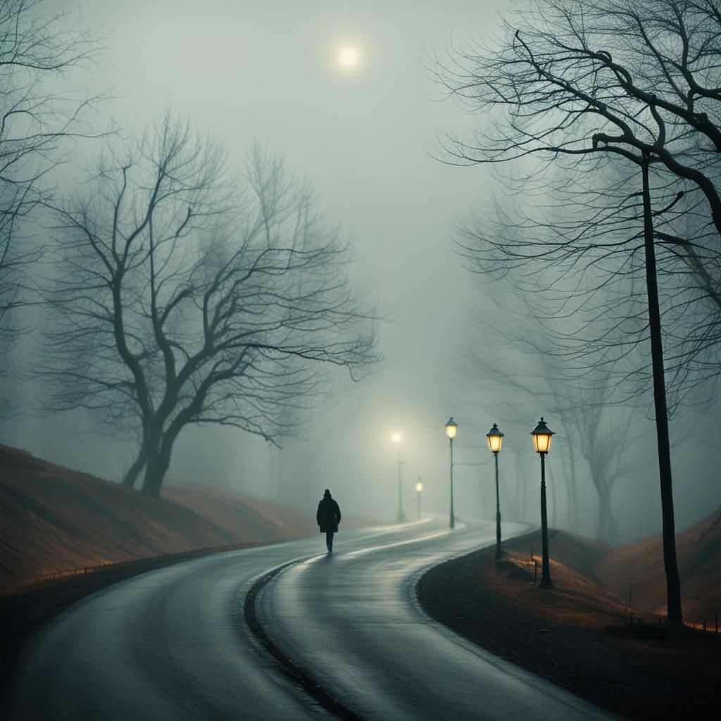 Ethereal Figure Walks Foggy Road in Golden Light